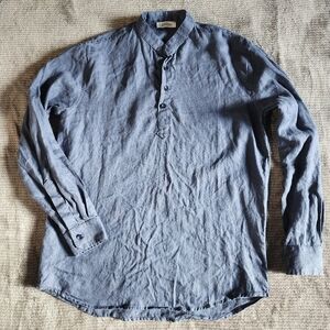 Idillio Positano Mens 3 Button Linen Dress Shirt, Slate Blue XS, Button Sleeve,